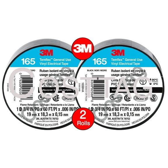 (2 ROLLS) 3M TEMFLEX 165 ELECTRICAL TAPE BLACK 3/4" x 60 FT INSULATED ELECTRIC