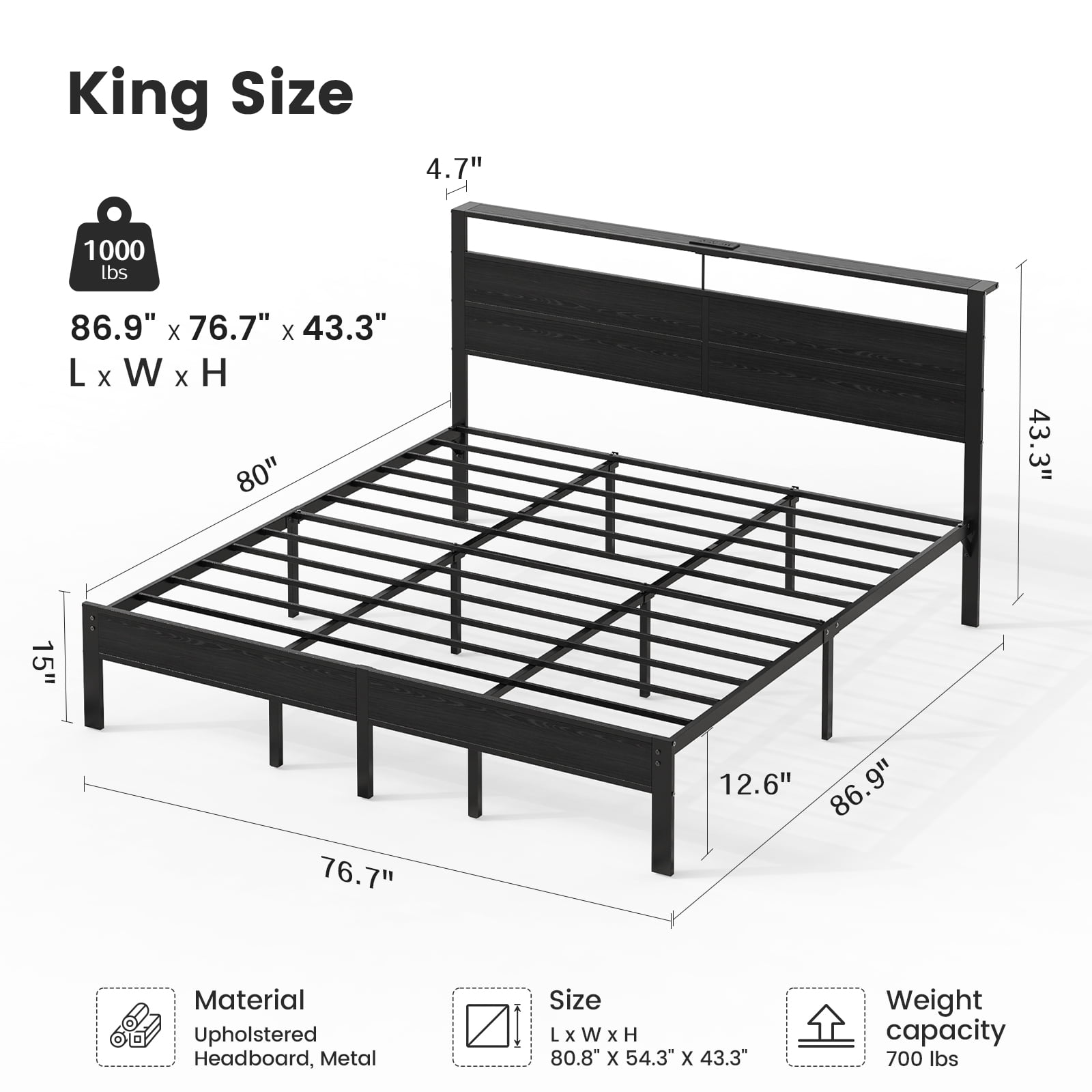 Kbun King Size Platform Bed Frame with Wood Headboard, Metal Bed Frame with LED Light, Heavy Duty Steel Slat Supported Full Bed Frames, No Box Spring Needed, Black