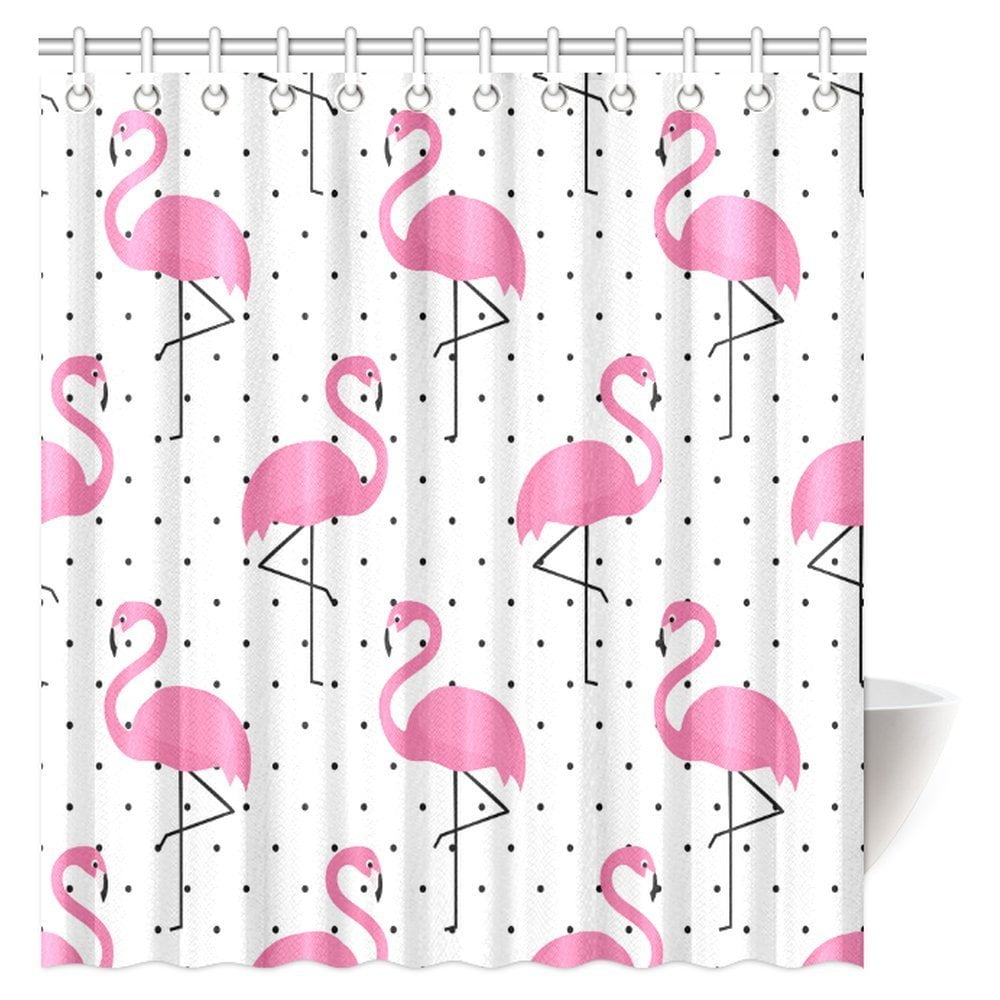 Tropical Flamingo Pattern Waterproof Fabric Shower Curtain Set Bathroom Hooks