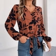 thumbnail image 2 of COMVALUE Womens Tie Front Knot Long Sleeve Fit V Neck Floral Blouses Chiffon Tops Shirts Office Business Shirt 2026 (Brown, XL), 2 of 9