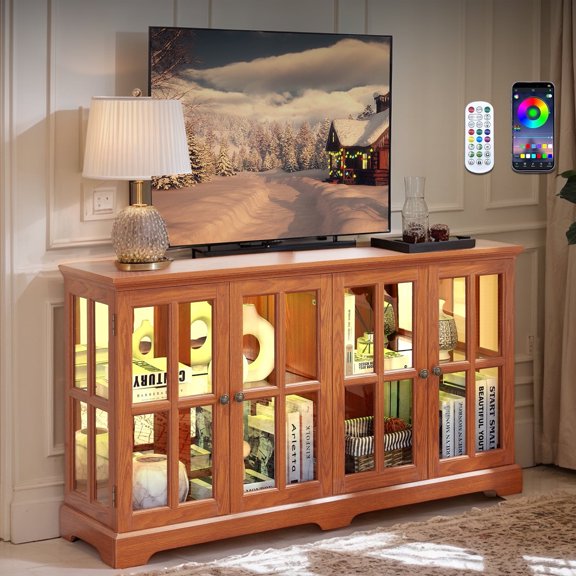CKEASEAN 59" W Lighted Curio Display Cabinet, 4 Door Glass Cabinet Vintage with Adjustable Shelves for Collectibles, LED Antique Display Cabinet with Smartphone-Controlled, for Home Office Display