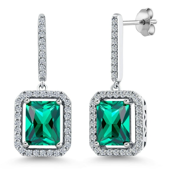 Gem Stone King 925 Sterling Silver Green Simulated Emerald Earrings for Women (4.96 Cttw, Emerald Cut 9X7MM)