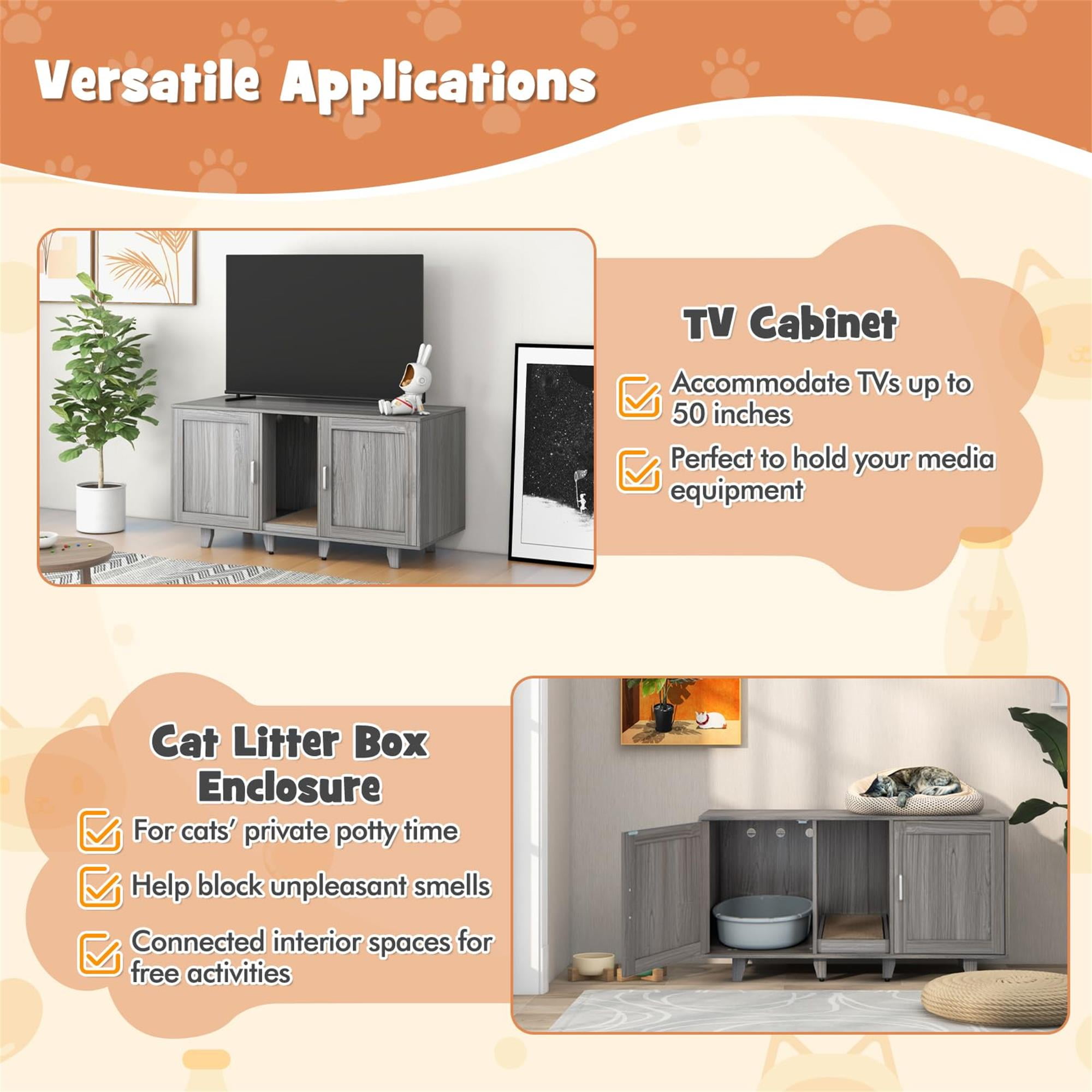 resenkos 47" Litter Box Enclosure for 2 Litter Boxes, Hidden Cat Washroom with 2 Cabinet House, Scratching Board, Indoor Cat Litter Furniture, Dark Gray