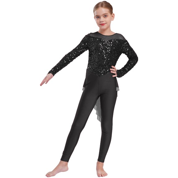 inlzdz Girls Shiny Sequins Jumpsuit Full Body Unitard with Flowy Skirt Mesh Splice Ballet Dance Bodysuit Black 16