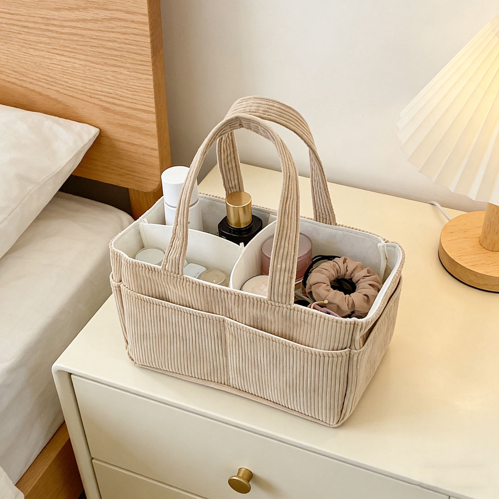 COM1950s Baby Diaper Caddy Organizer, Portable Nursery Storage Basket With Handle, Foldable Corduroy Diaper Storage Bin, Baby Shower Gifts, Nappy Caddy for Newborn Essentials