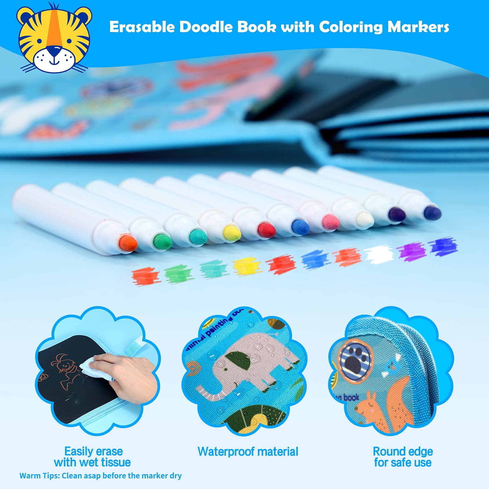 14 Pages Erasable Doodle Book For Kids - Toddler Activity Toy, Reusable Drawing  Pad With 12 Watercolor Pencils, Preschool Travel Art Toy, Road Trip Car  Play Writing And Drawing Set For Boys