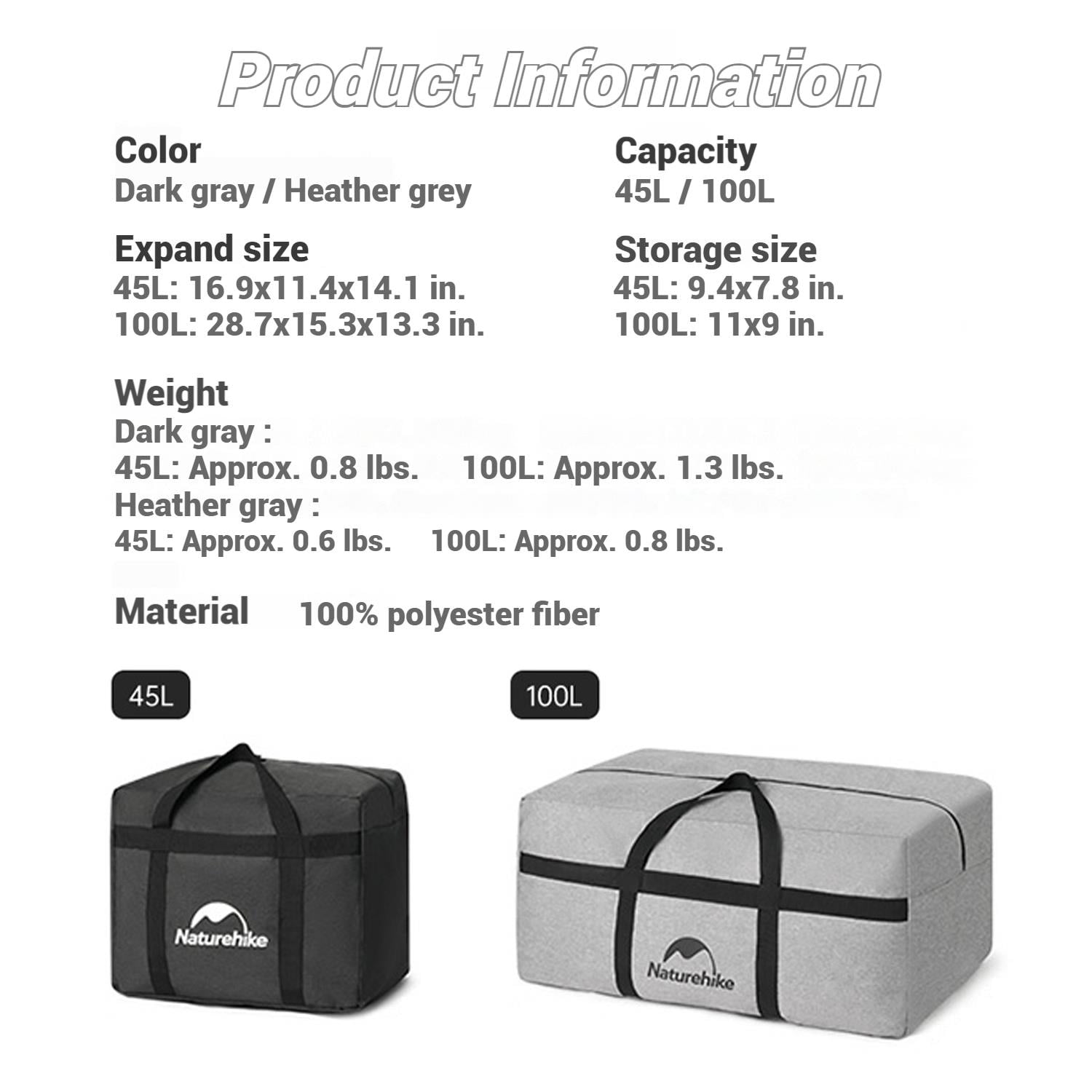Naturehike, Collapsible Duffel Bag, Portable Large Capacity Storage Bag, Foldable Travel Luggage Bag for Adult, Sport Travel Duffel Bag