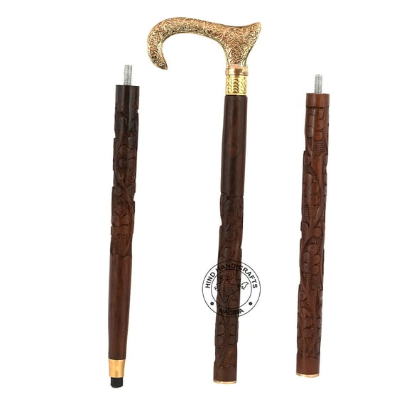 Decorative Victorian Canes and Walking Sticks for Men & Women - 36" Brown Ebony Brass Handle Unisex Derby Foldable Cane | Hind Handicrafts (36 inch Engraved, Brass Derby)