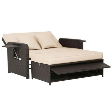 Spaco Patio Rattan Daybed with 4-Level Adjustable Backrest, Daybed with Retractable Side Tray, Patio Rattan Daybed Set for Outdoor, Brown