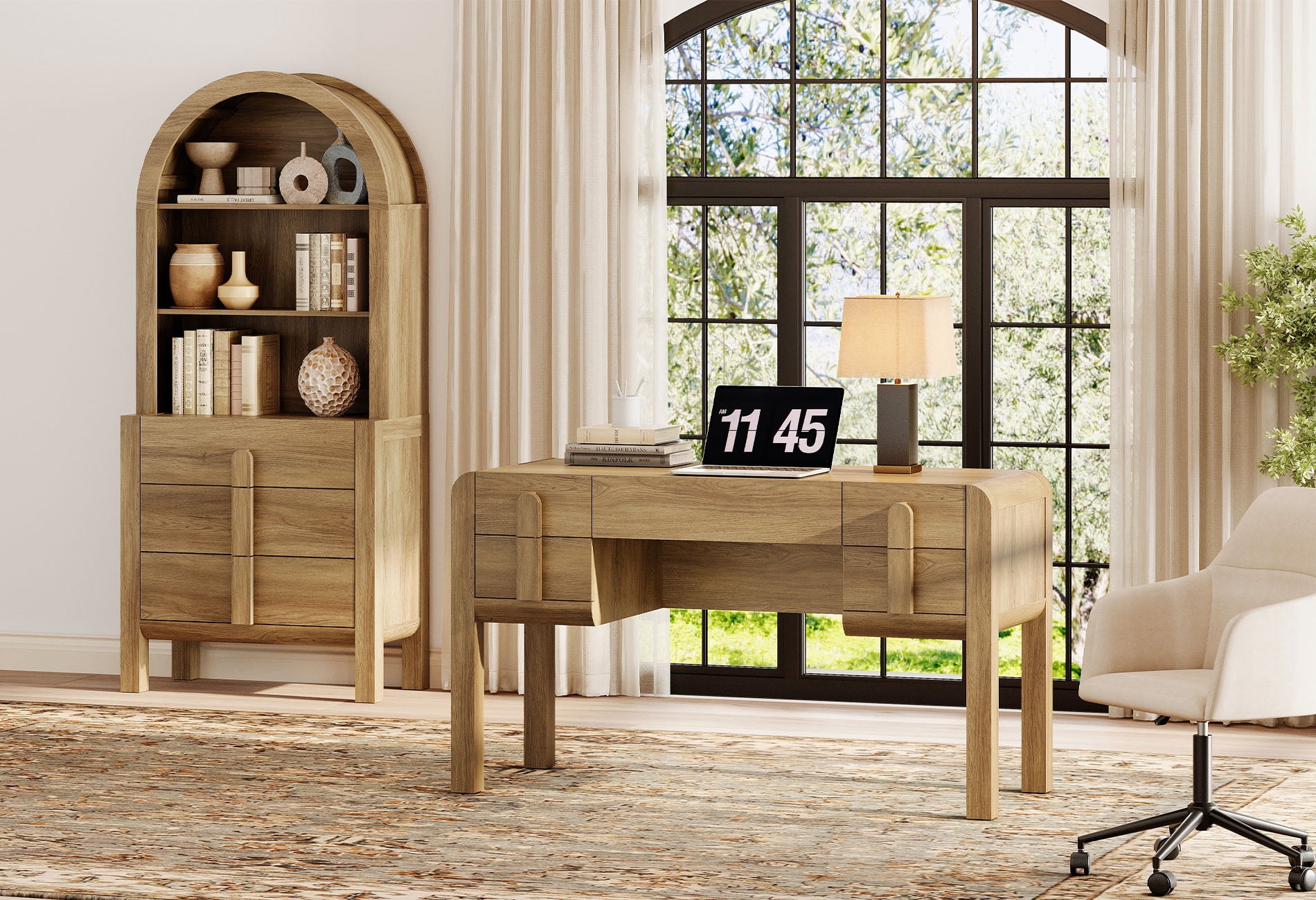2 Piece Office Set, 53.5" Modern Executive Desk with Charging Station and Drawers & 71"H Tall 3-Tier Arched Bookcases with Open Storage for Living Room, Bedroom, Home Office