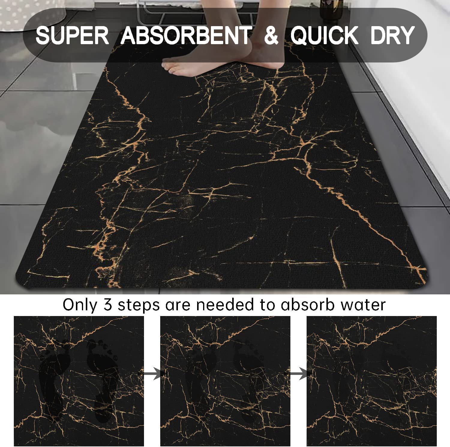 Black Bath Mats for Bathroom 20"x32" Non Slip Quick Dry Super Water Absorbent Marble Bathroom Rug Washable Thin Bathroom Rugs Fit Under Door