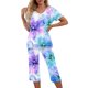 thumbnail image 1 of Pantalones de Mujer Traje de Ocio de Manga Corta con Cuello en V Y Pantalones Recortados Set de Impresión para Casual Y Deporte, 1 of 6
