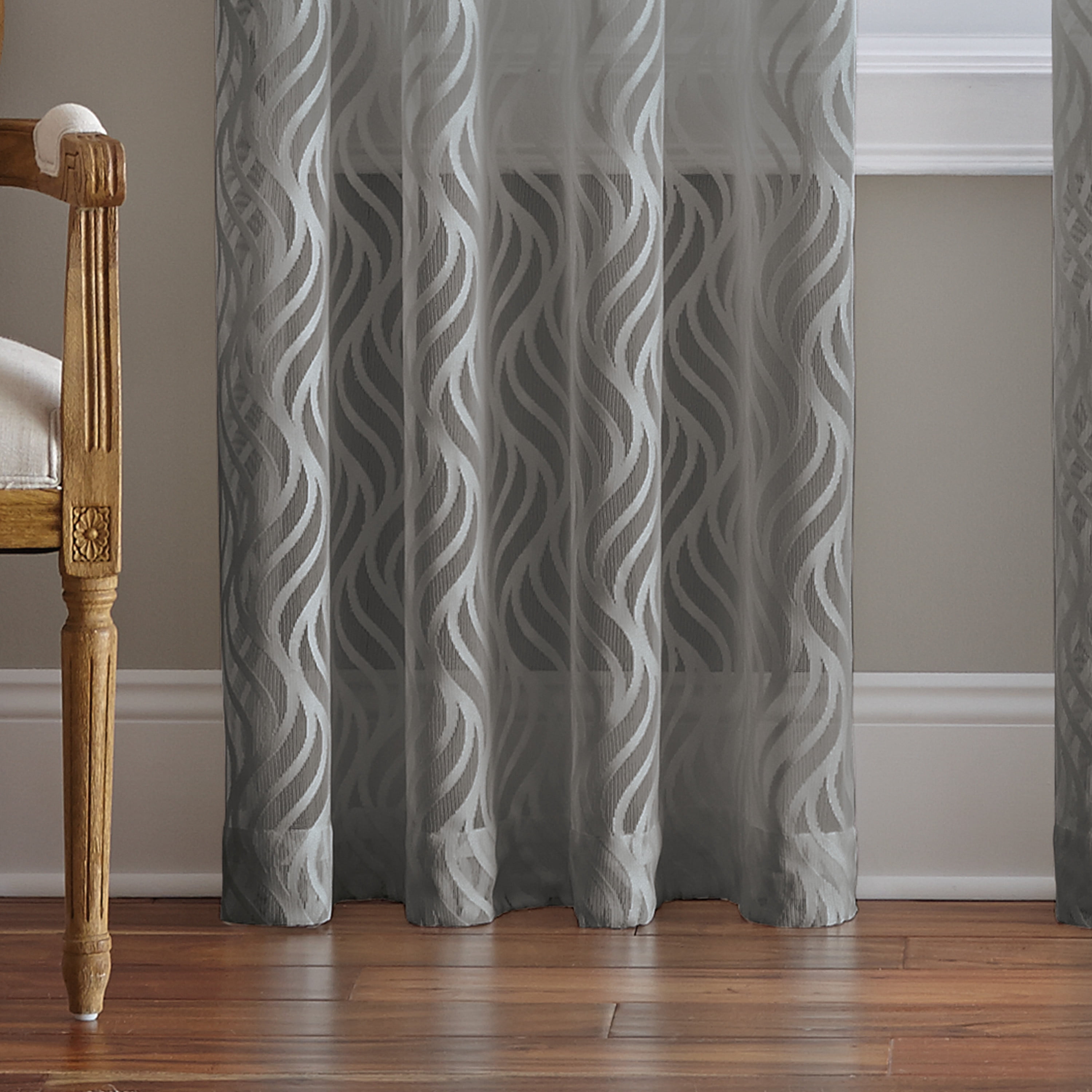 CHF Lyric Rod Pocket Sheer Curtain Panel, Knit Flame Ogee , Gray, Adult