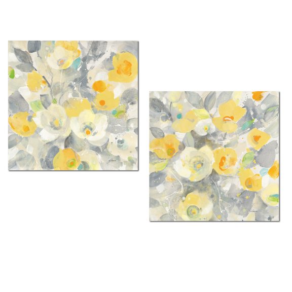 Beautiful Painterly Yellow, Grey and Orange Buttercup Flower Print Set by Albena Hristova; Floral Decor; Two 12x12in Unframed Paper Posters