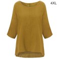 thumbnail image 1 of T-Shirt Femme Couleur Unie Haut Décontracté Col Rond Manches Courtes Blouse en Lin, Jaune, 4TG, 1 of 8