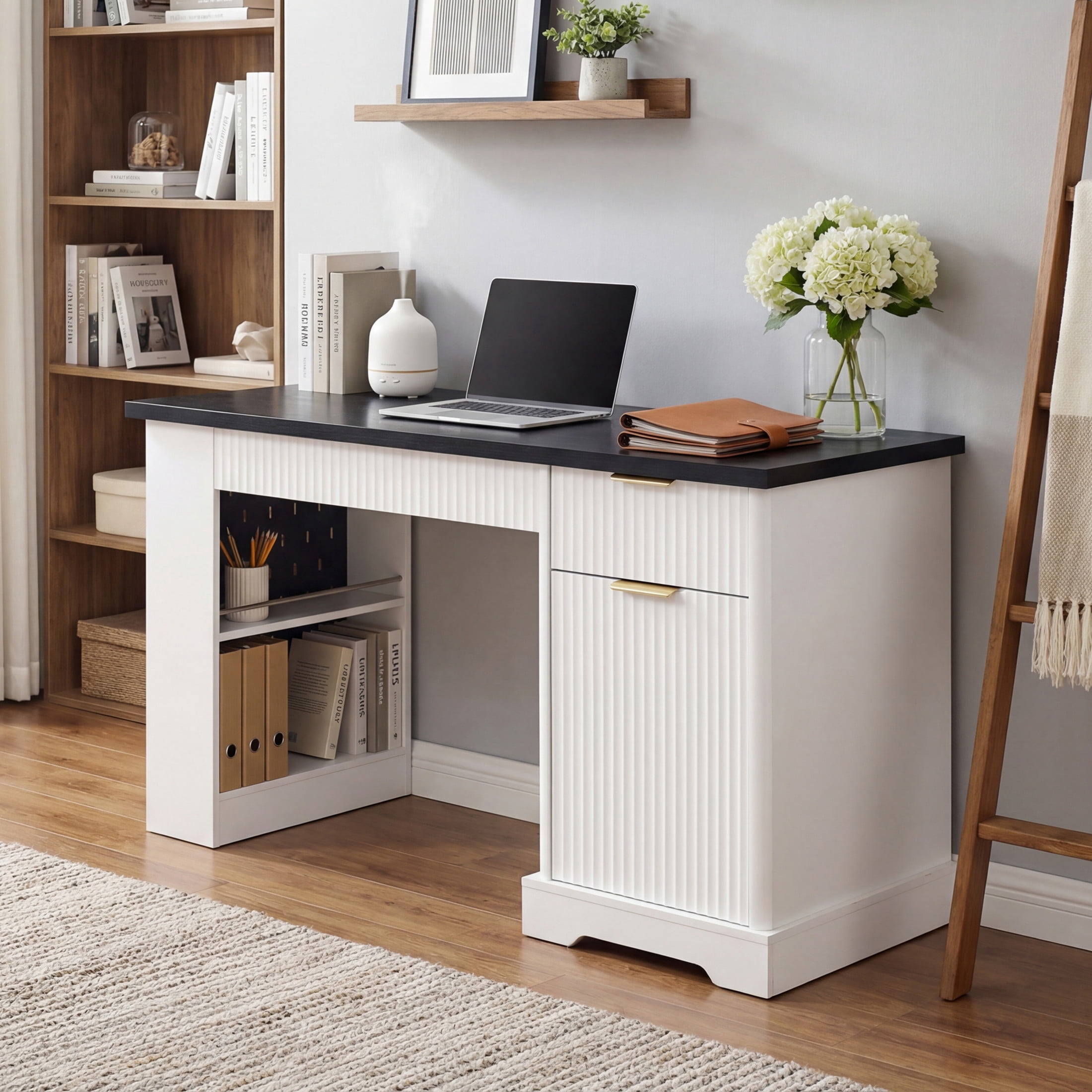 Noble House 55" Fluted Office Desk with Storage Cabinet, Keyboard Tray, Pegboard and Power Outlet, White