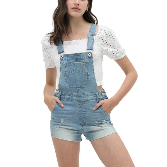 Women’s Summer Cute Denim Romper Overall Shorts – Distressed Raw Edge Hem Bib Shortalls