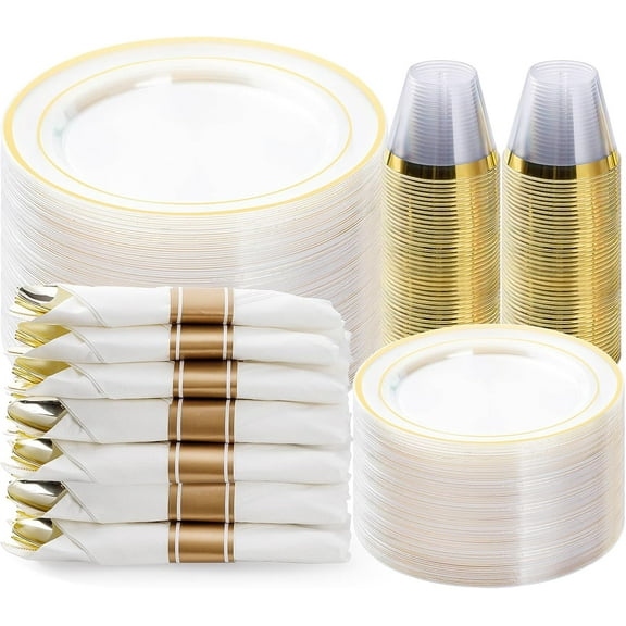 350PCS Clear Gold Plastic Dinnerware Set for 50 Guests, Disposable Party Plate for Christmas and New Year,Halloween, Include: 100 Plastic Plates, 50 Pre Rolled Napkins with Silverware, 50 Cups