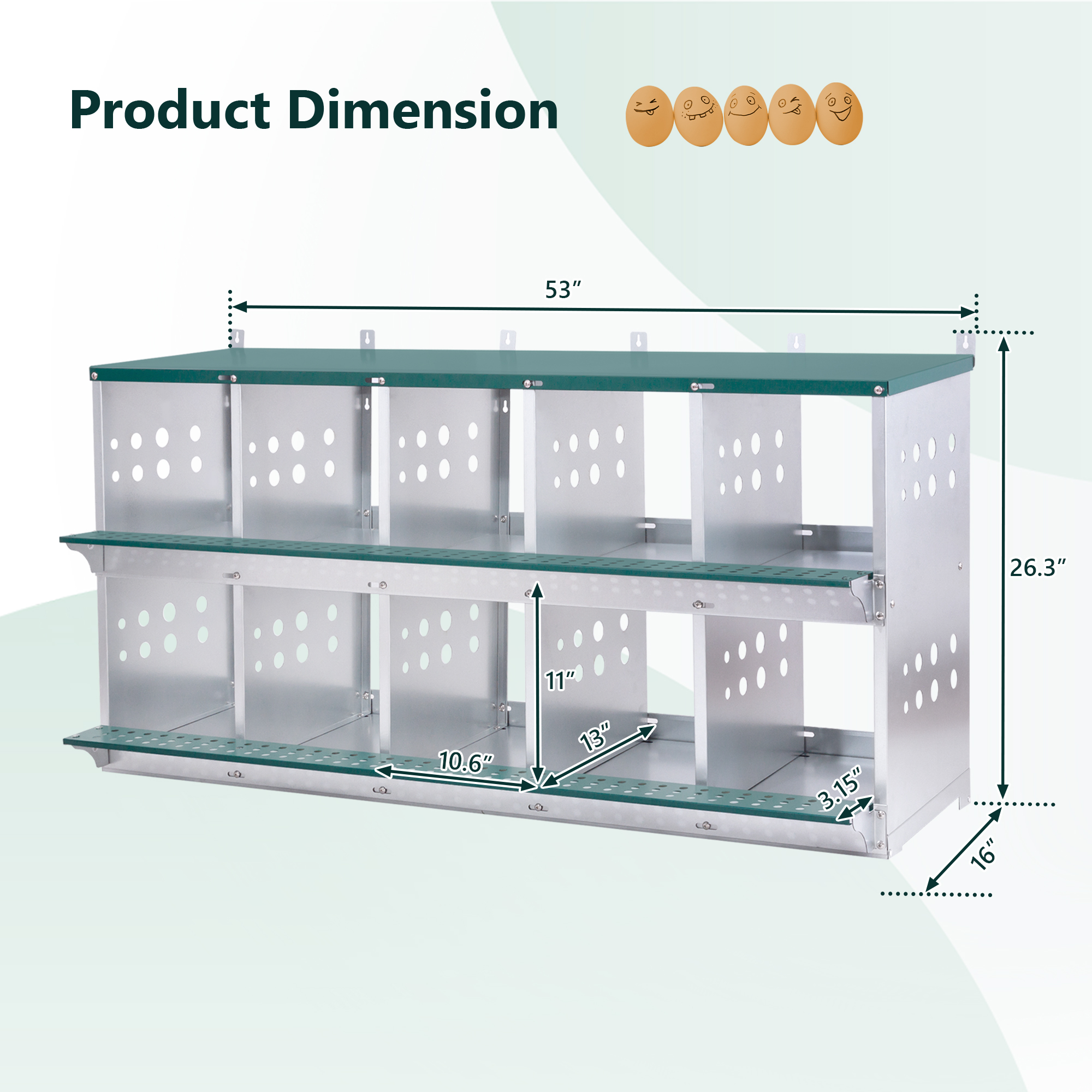 Miniyam 10-Bay Metal Nest Box-Wall Mount for Hens/Ducks, Easy Egg Collection & Assembly, Vented Galvanized Steel Coop Equipment Grenn