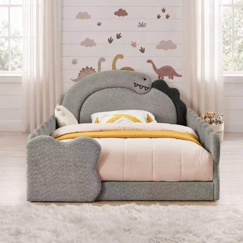 Full Size Kids Dinosaur-Shaped Platform Bed with Guardrails, Low-Profile Upholstered Boucle Fabric Playful Child Daybed Frame