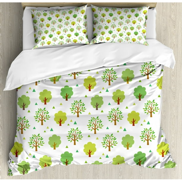 Botanical Duvet Cover Set Queen Size, Image of Trees with Leaves in ...