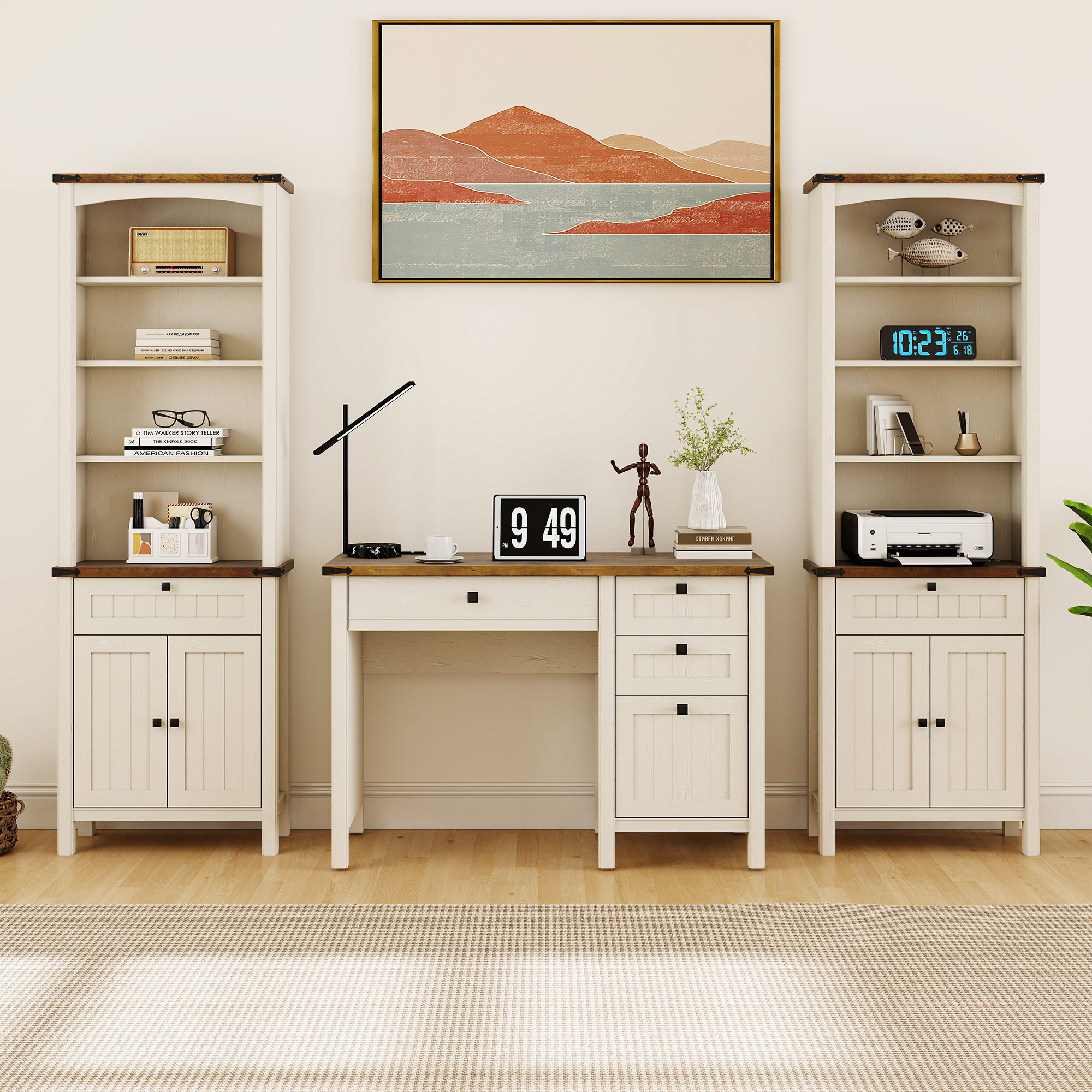 FIAKOA 3 PC Home Office Desk Set, Executive Office Desk Set with Charging Station & Bookshelf Set , White