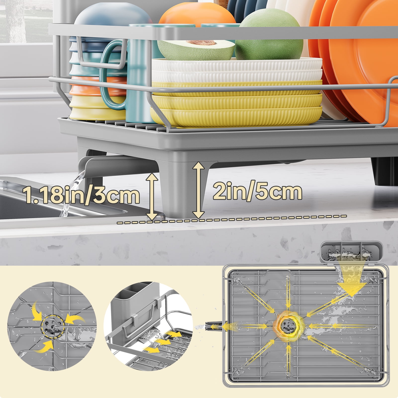 KINGRACK Dish Drying Rack, Large Dish Rack with Drainboard and Cup & Utensil Holders, Stainless Steel, Over Sink or Counter, Gray