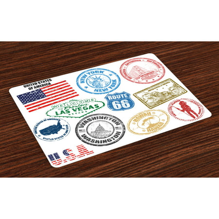 United States Placemats Set of 4 Grunge Stamps of America Las Vegas New York San Francisco Hawaii Illustration, Washable Fabric Place Mats for Dining Room Kitchen Table Decor,Multicolor, by