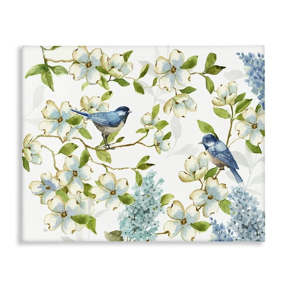 Stupell Industries Dogwood & Bluebirds Plants & Flowers Painting Wrapped Canvas Art Print Wall Art, 20 x 16