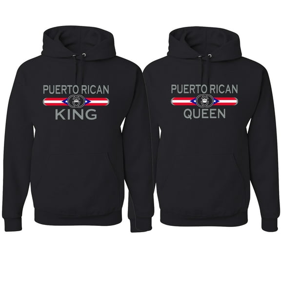 Wild Bobby, Puerto Rican King Queen Spanish Latino Pride His and Hers Matching Couples Hoodies Sweater Set, Black, Mens S-Womens S