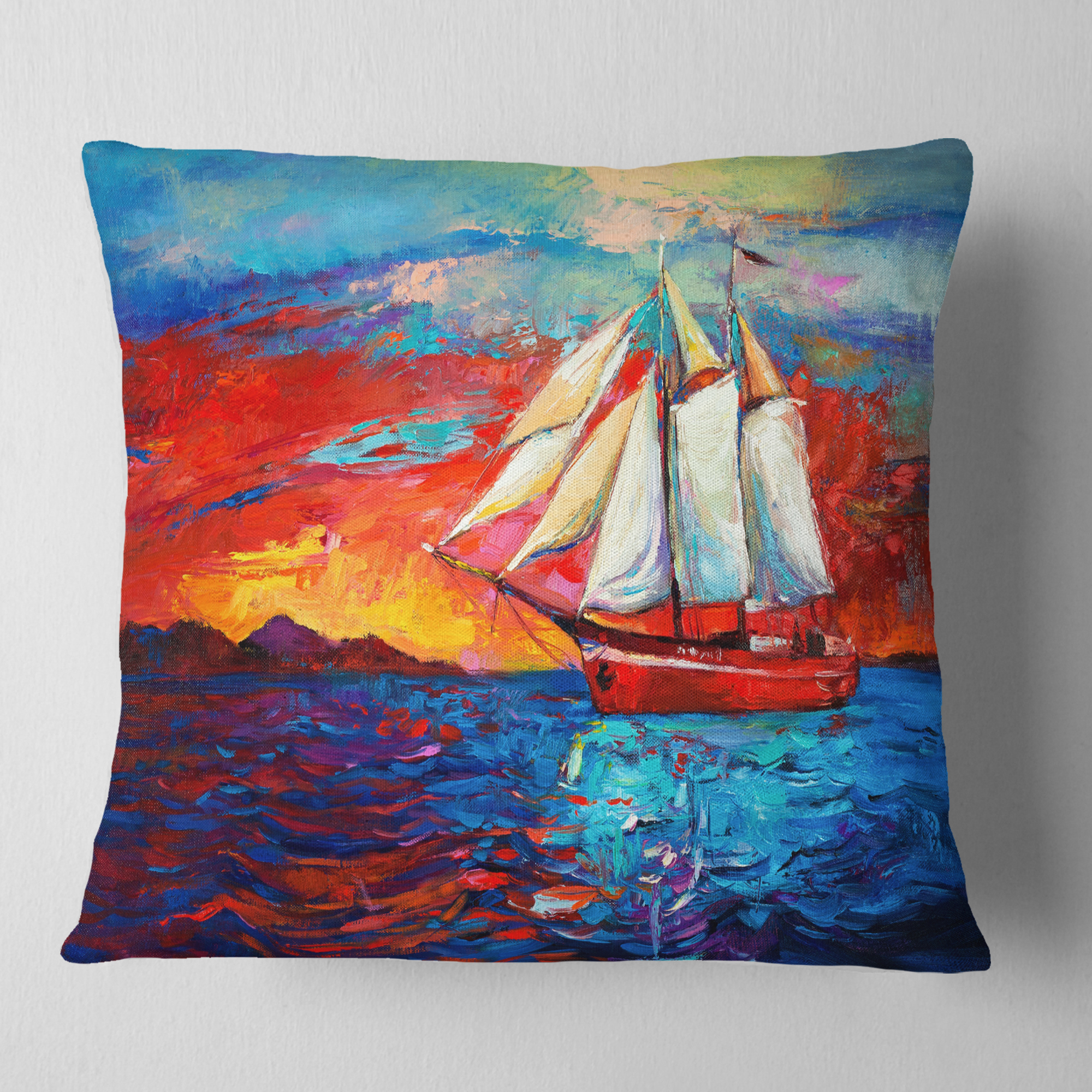 Designart Sail Ship During Sunset - Seascape Throw Pillow - 16x16
