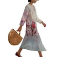 thumbnail image 3 of DISNIMO Maxi Dresses for Women Cardinal Print Linen Style Casual Dress V Neck Loose Shift Dress 3/4 Sleeve Midi Dresses, S, 3 of 6