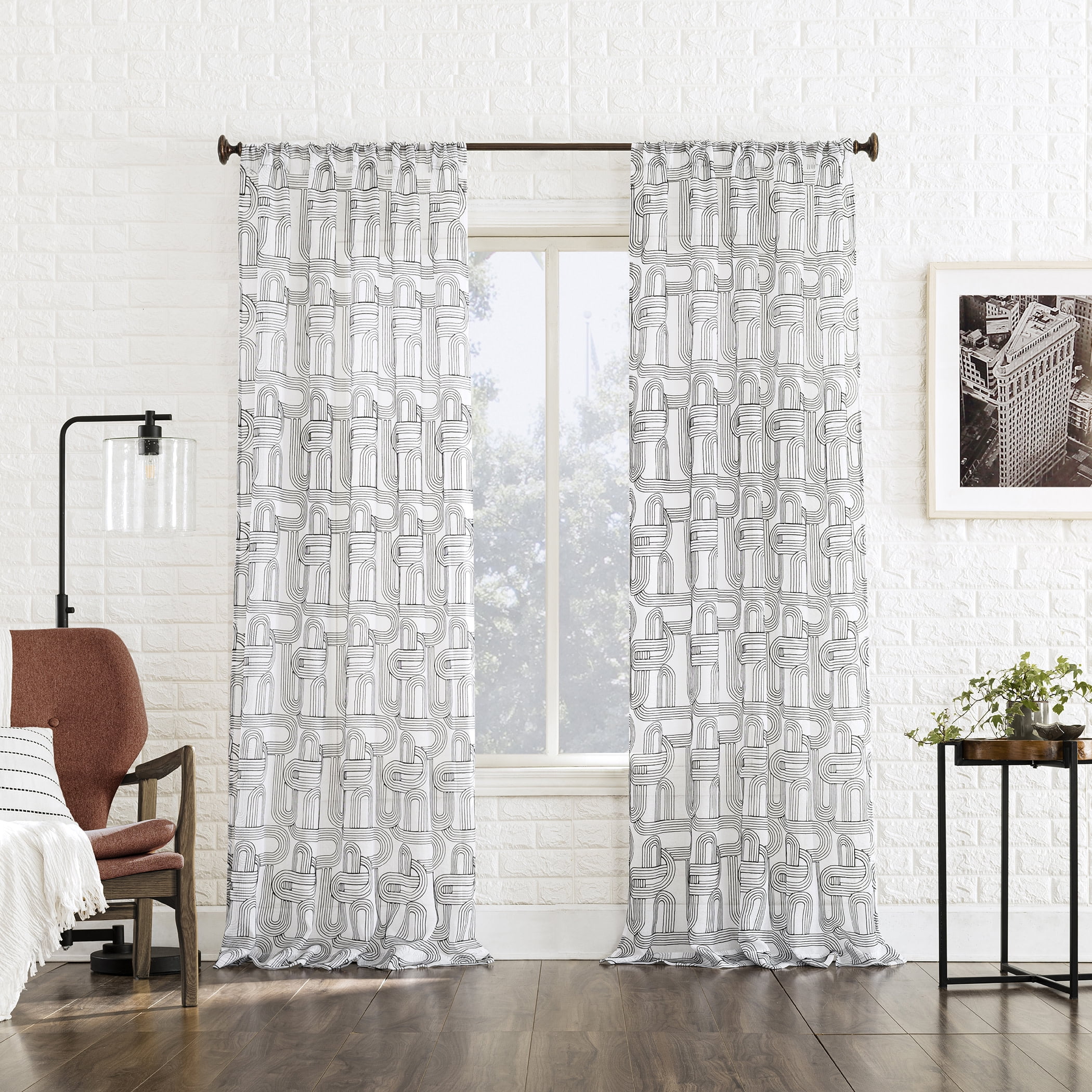 No. 918 Kaz Embroidered Retro Curves Sheer Curtain Panel, 1-Piece Rod Pocket Indoor Window Panel, 50”x63", Black/White