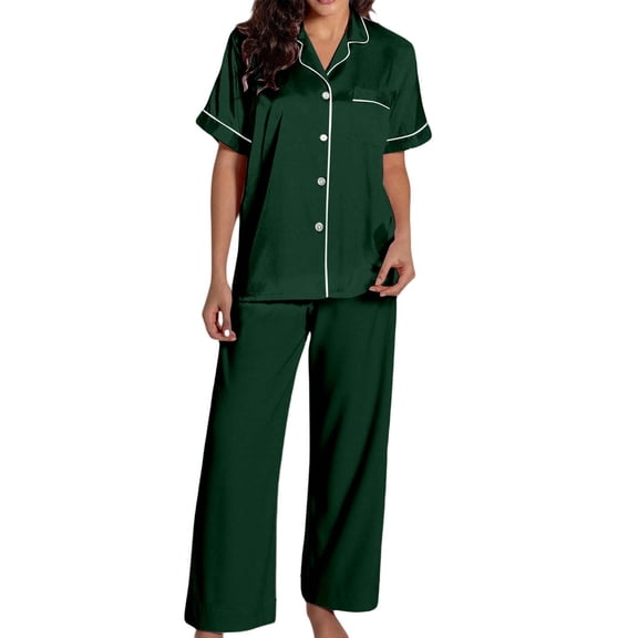 Womens Satin Pajamas Sets Ladies Pjs Sets Trendy 2 Piece Loose Lounge Wear Sleepwear Sets Solid Short Sleeve Button Tops with Pants Dark Green M