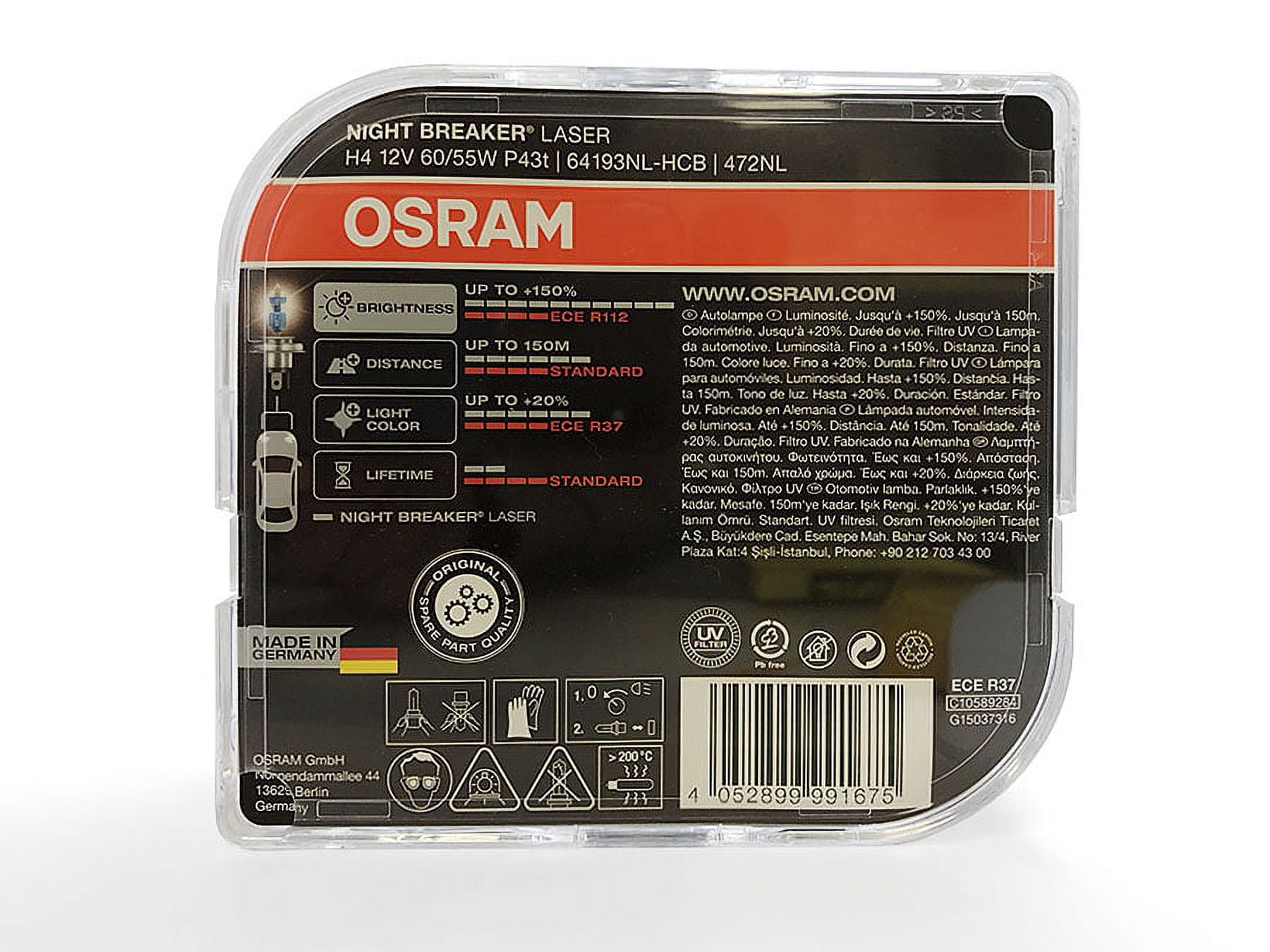 H4/9003/HB2: Osram +150% Night Breaker Laser Halogen Bulb 64193NL (Pack of  2) 