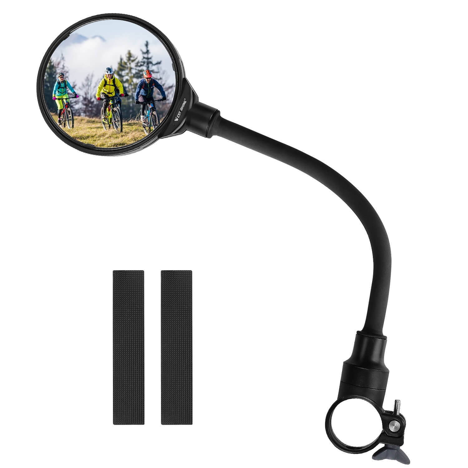West Biking Bicycle Rear View Mirror, 360 Degree Rotation Bike Round Mirror with Long Handlebar Screw Mount, 1 Pack