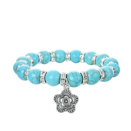 Vintage Spacer - Faux Turquoise Round Stone Stretch Bracelet w/ Crystal Spacers & a Rhodium Plated Vintage Flower Pendant By JADA Collections