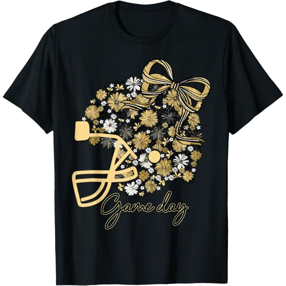Black Gold Football Floral Bow Game Day T Shirt Size S-5XL