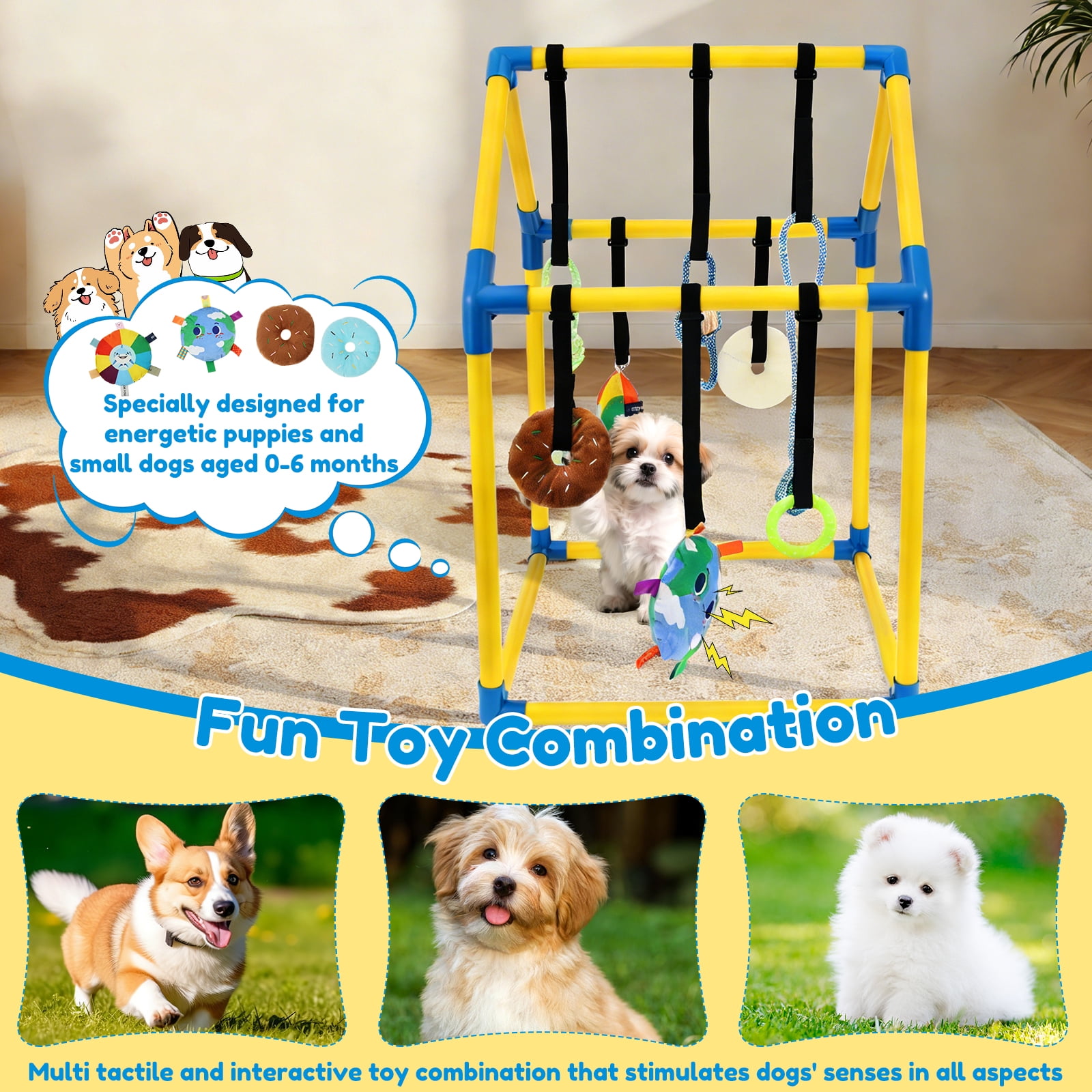 Ikoopy Puppy Play Gym with 8 Hanging Toy Indoor Jungle Gym Toy for Small Dog with PVC Frame and Bungee Strap for Entertainment Funny Teething and Mental Stimulation