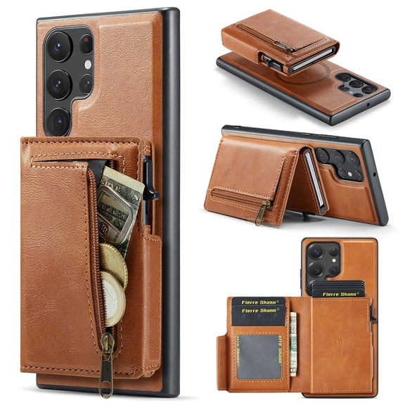 for Samsung Galaxy S24 Ultra Back Wallet Phone Case with RFID Blocking Detachable Card Holder, PU Leather Flip Kickstand Shockproof Zipper Pocket Magnetic Cover for Samsung Galaxy S24 Ultra, Brown