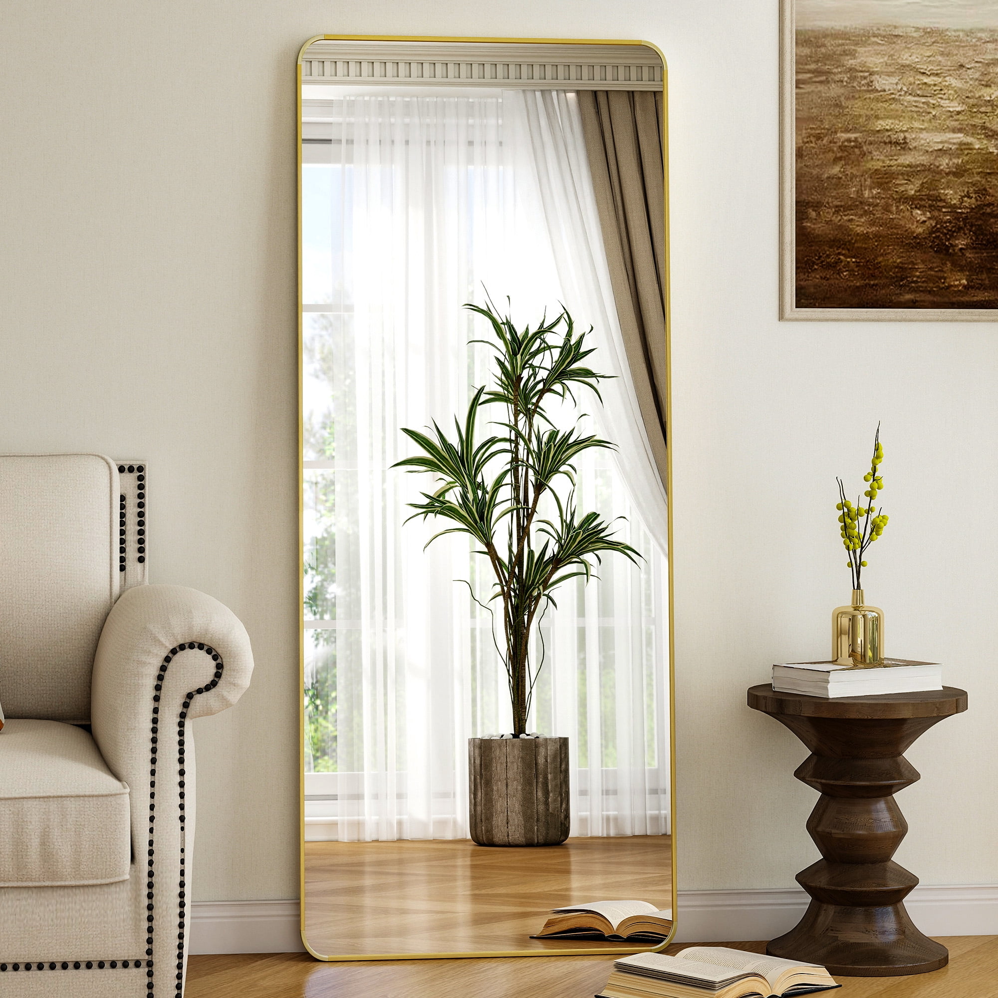 Puremirror 65"x24" Rounded Corner Floor Mirror Full Length Mirror with Metal Frame, Gold