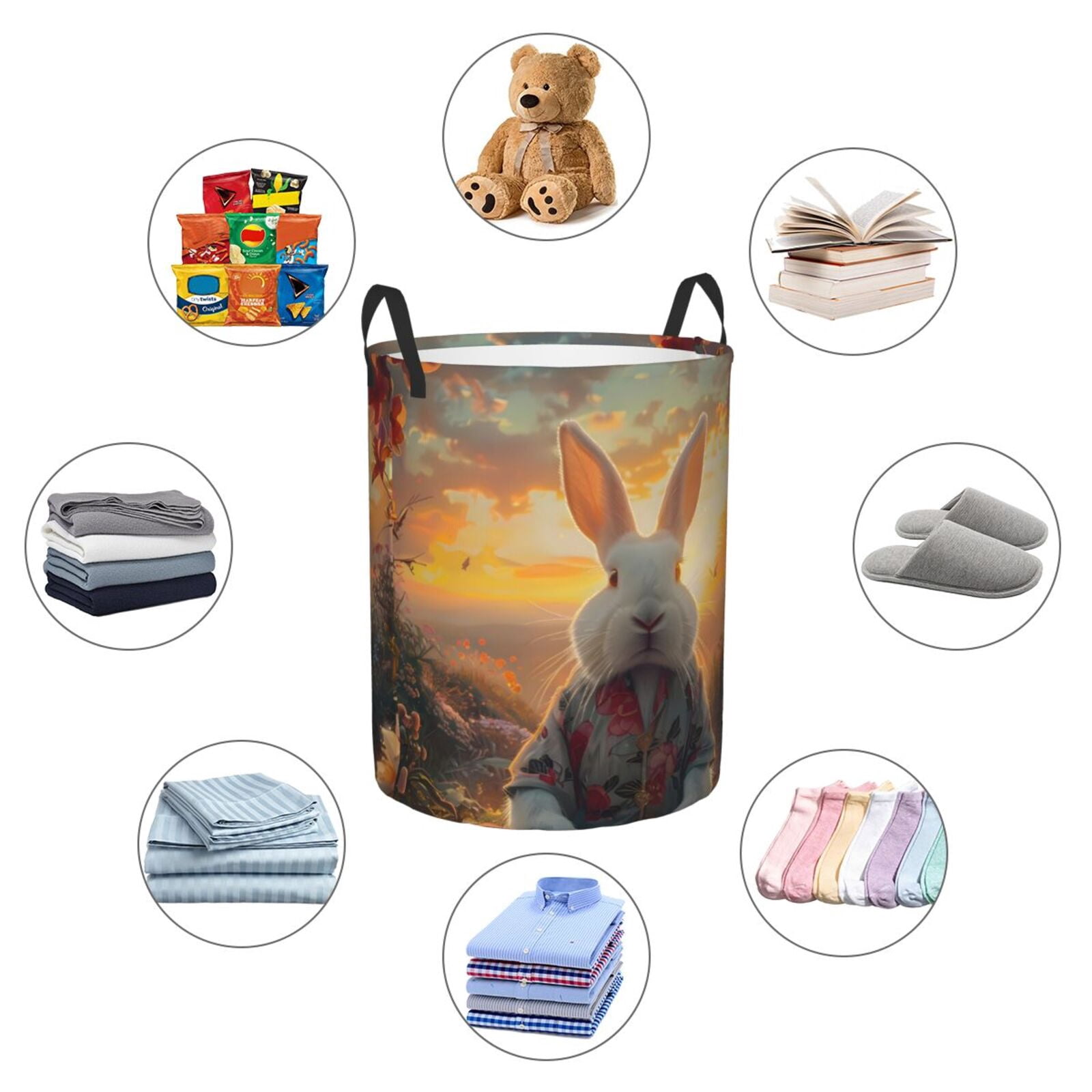 Large Laundry Basket with Handles - Flower Meditating Rabbit Kids Baby Dirty Clothes Laundry Hamper for Bedroom Aesthetic