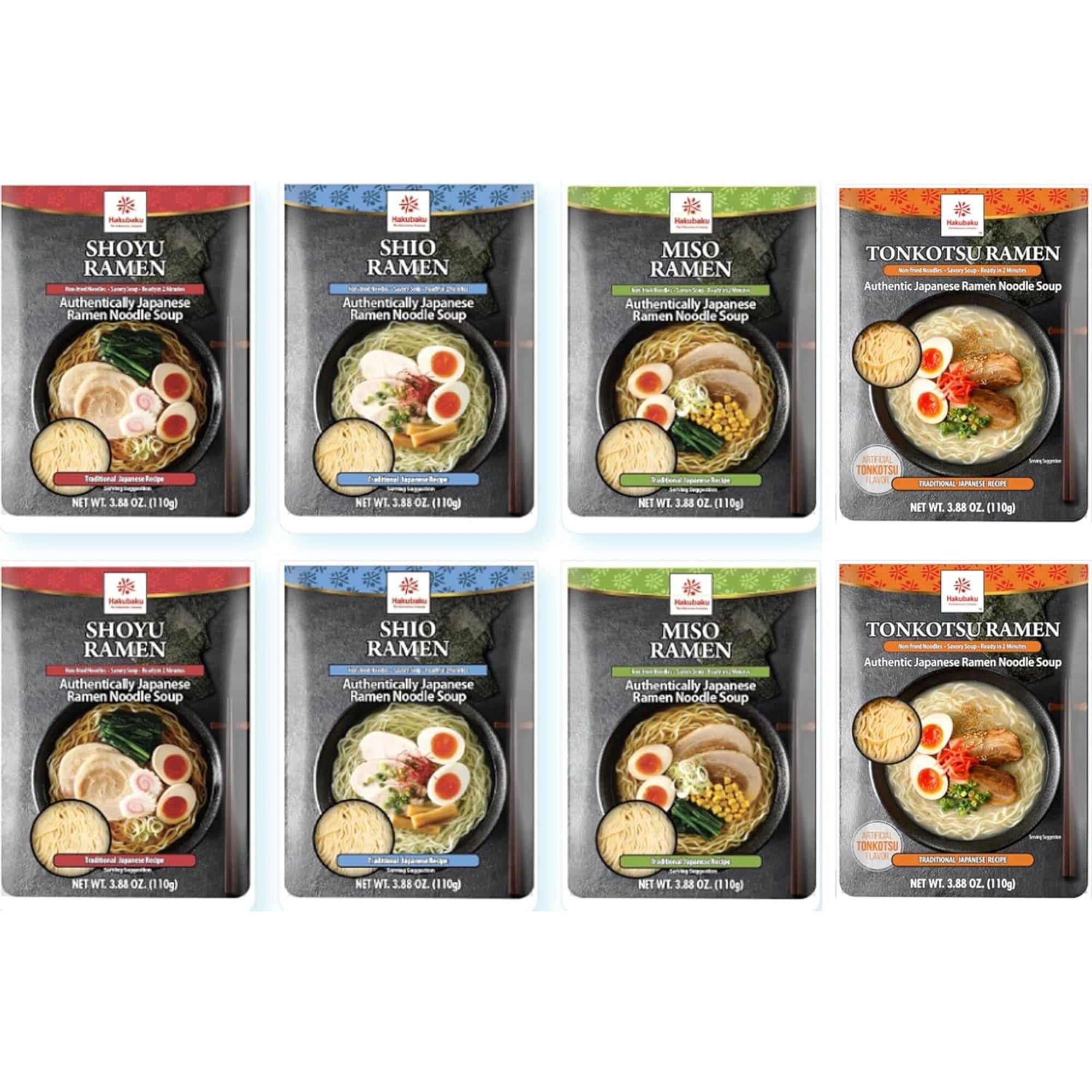 Hakubaku Authentic Japanese Ramen Noodles Variety Pack, 8 Pouches Shio, Shoyu, Tonkotsu, Miso