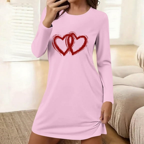 Miqool Valentines Day Nightgowns Women's Cute Heart Graphic Long Sleeve Tshirt Night Dress Ladies Comfy Lounge Sleepwear