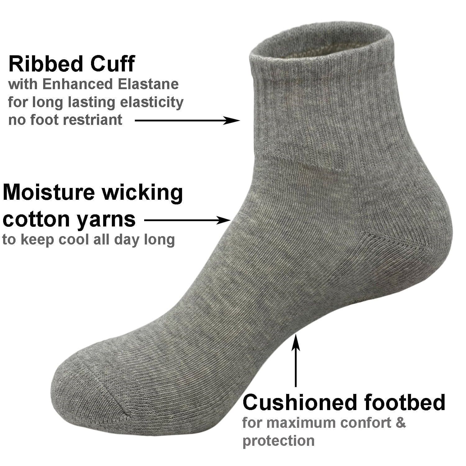 12 Pairs Men's Cotton Solid Gray Athletic Cushioned Ankle Quarter Socks Size 10-13