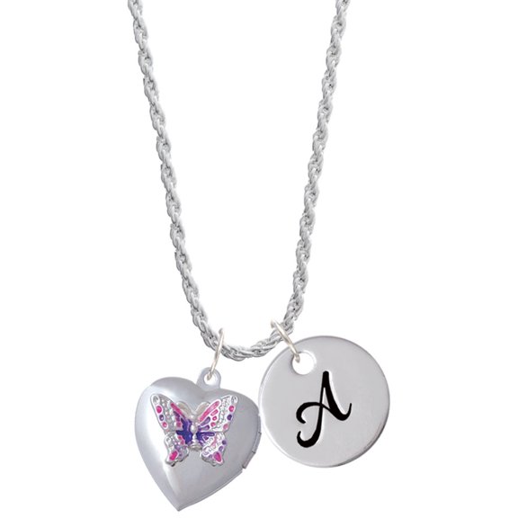 Delight Jewelry Silvertone Pink & Purple Butterfly Locket Silvertone Script Initial Disc - A - Charm Necklace, 20" 3"