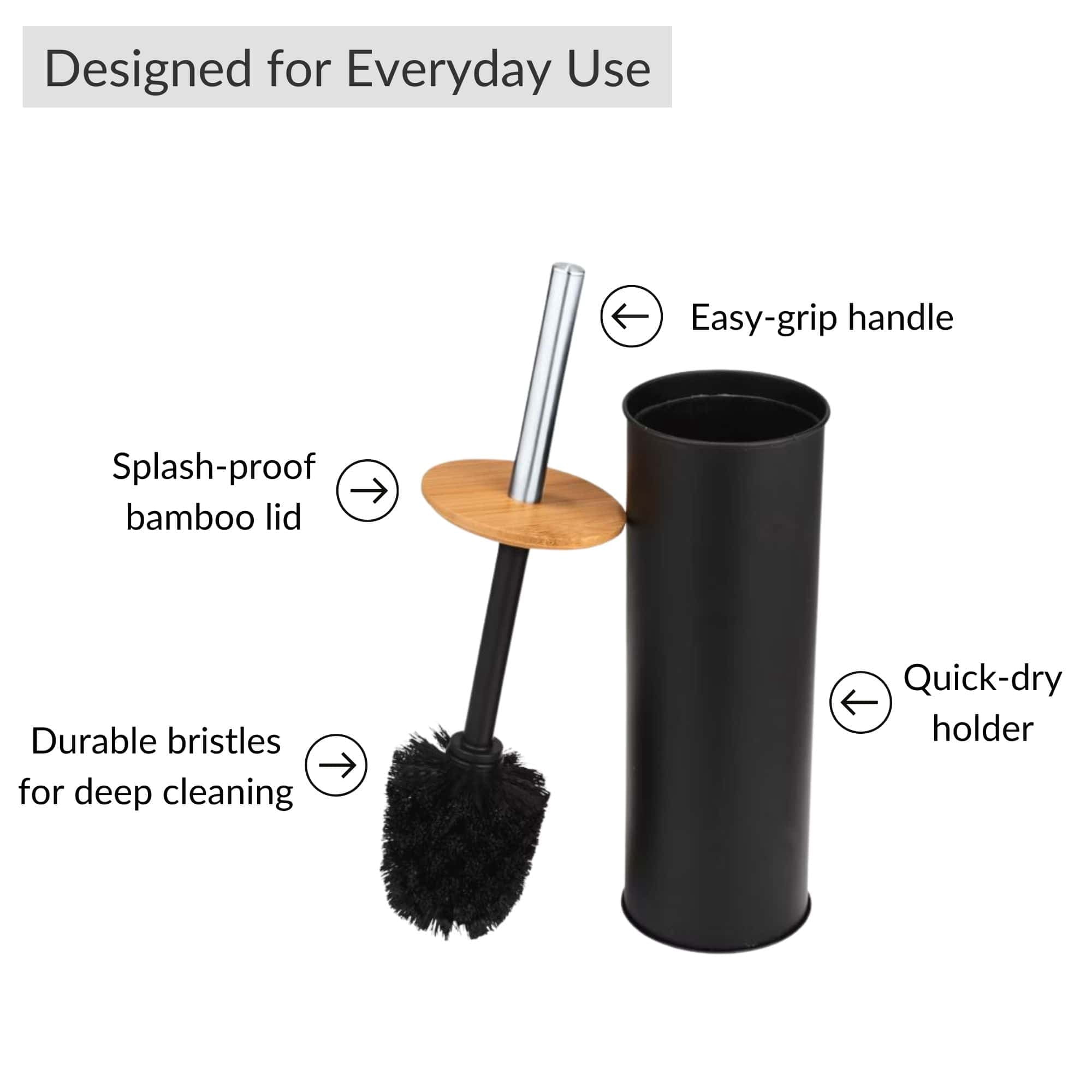 Black Metal Toilet Brush and Holder Set With Bamboo Lid
