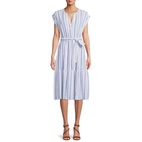 Women's Tiered Dolman Sleeve Dress Size L Blue Striped