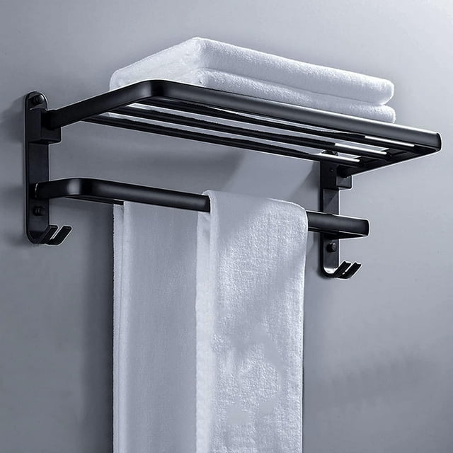 Estante de Toallas Plegable de Pared, Toallero de Acero Inoxidable Negro con Barras y Ganchos, Ideal para Baño y Cocina
