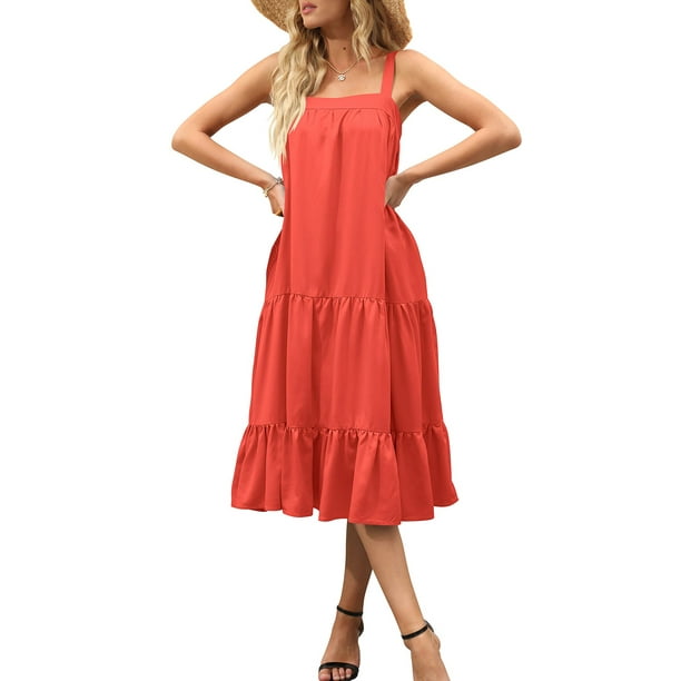 Sunloudy Vestido midi sin mangas para mujer, vestido de playa con volantes sueltos de color sólido sin mangas de verano Sunloudy S M L XL